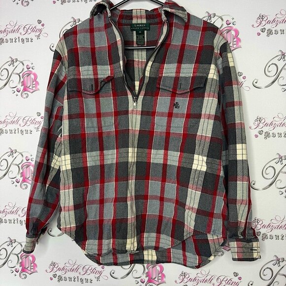 Ralph Lauren shirt half zip plaid grey red black white lumberjack style zipper